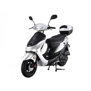 50cc silver and black scooter with rear storage box, kickstand, and mirrors on white background