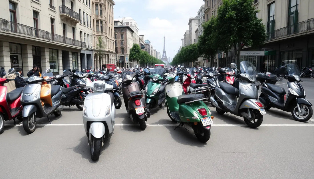 Large lineup of scooters parked on city street with Eiffel Tower in the background