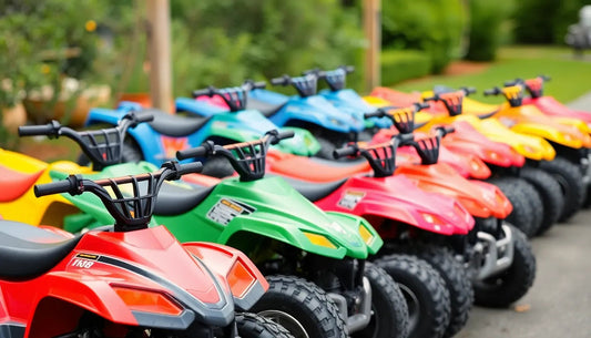 Row of colorful ATVs for kids and adults parked outdoors, all-terrain vehicles lined up
