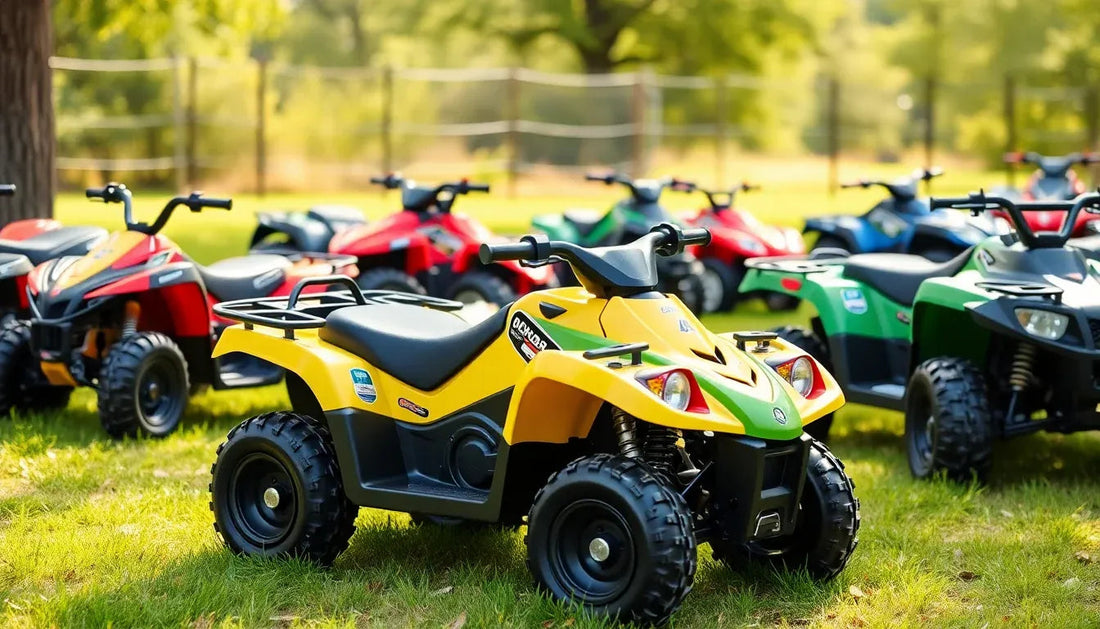 Colorful youth ATVs parked on grass outdoors, ideal for beginner and kids off-road riding