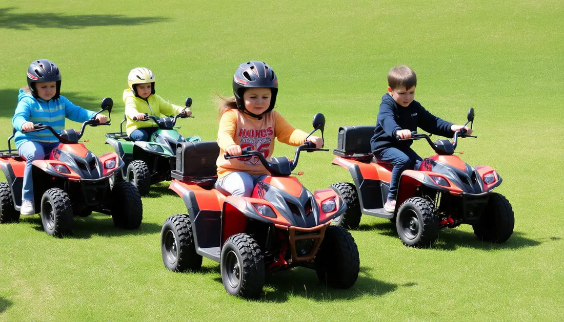 Kids riding mini ATVs on grass, wearing helmets, outdoor youth quad bikes activity