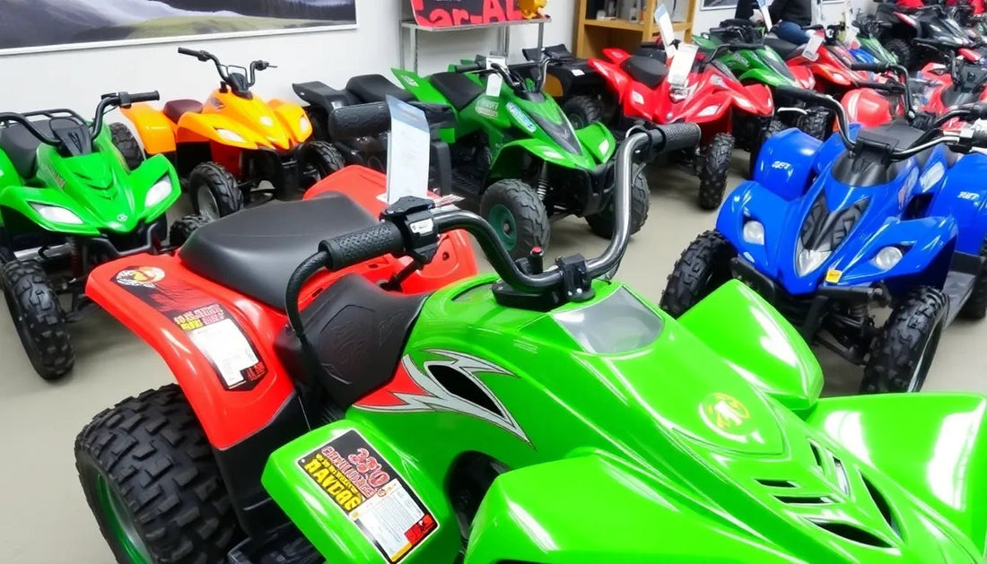 Colorful ATVs lined up in a showroom, featuring green, red, blue, and orange models