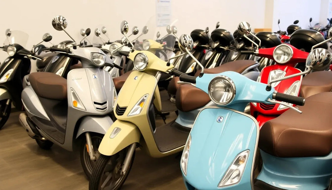 Row of colorful scooters with brown seats in a showroom, ideal for urban commuting