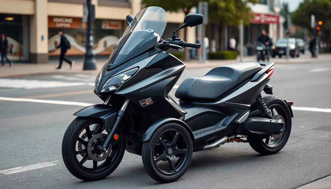 Black three-wheel scooter parked on city street, modern design, urban scooter for adults