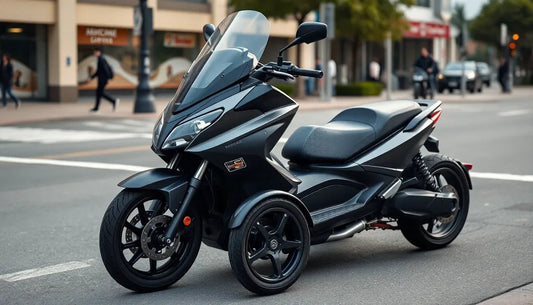 Black three-wheel scooter parked on city street, modern design, urban scooter for adults