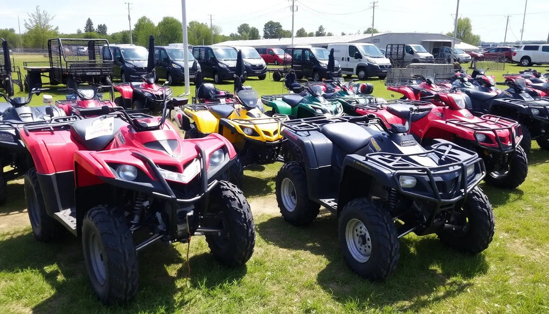 Outdoor lineup of colorful ATVs for sale on grass, featuring red, black, yellow, and green all-terrain vehicles.