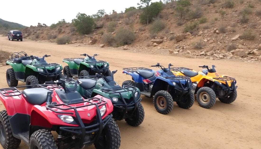 Row of colorful all-terrain vehicles (ATVs) on a dirt trail in rocky desert terrain