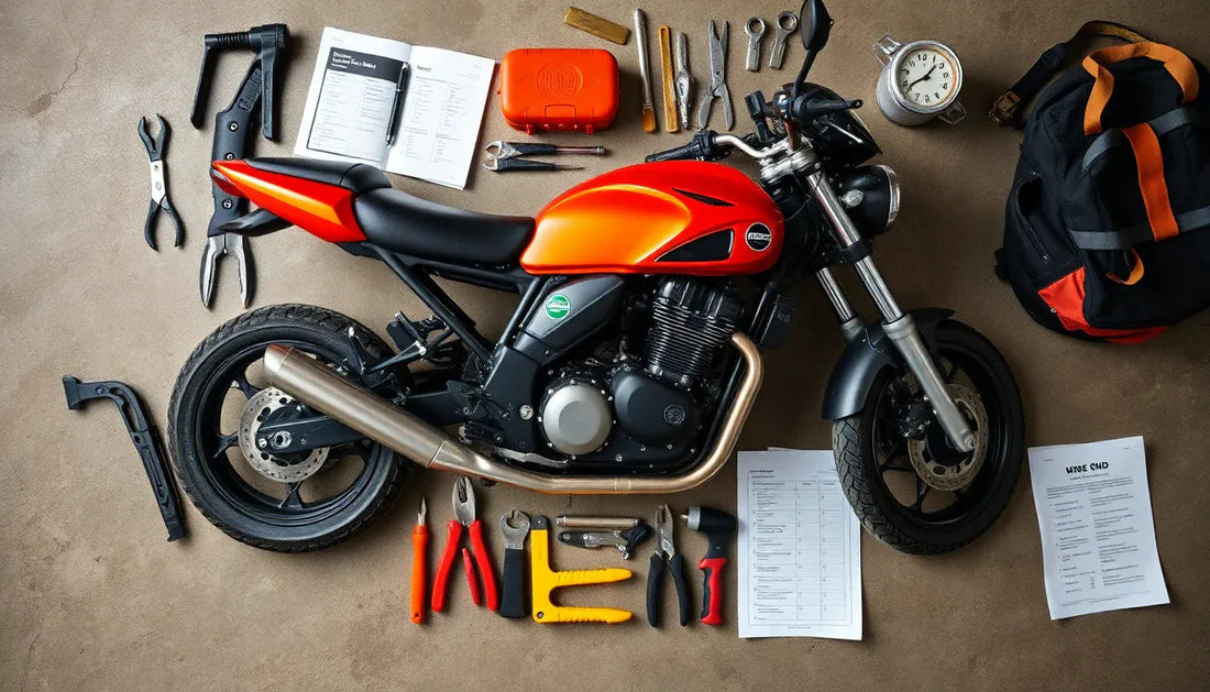 Sport motorcycle with orange tank surrounded by repair tools, manuals, clock, and backpack
