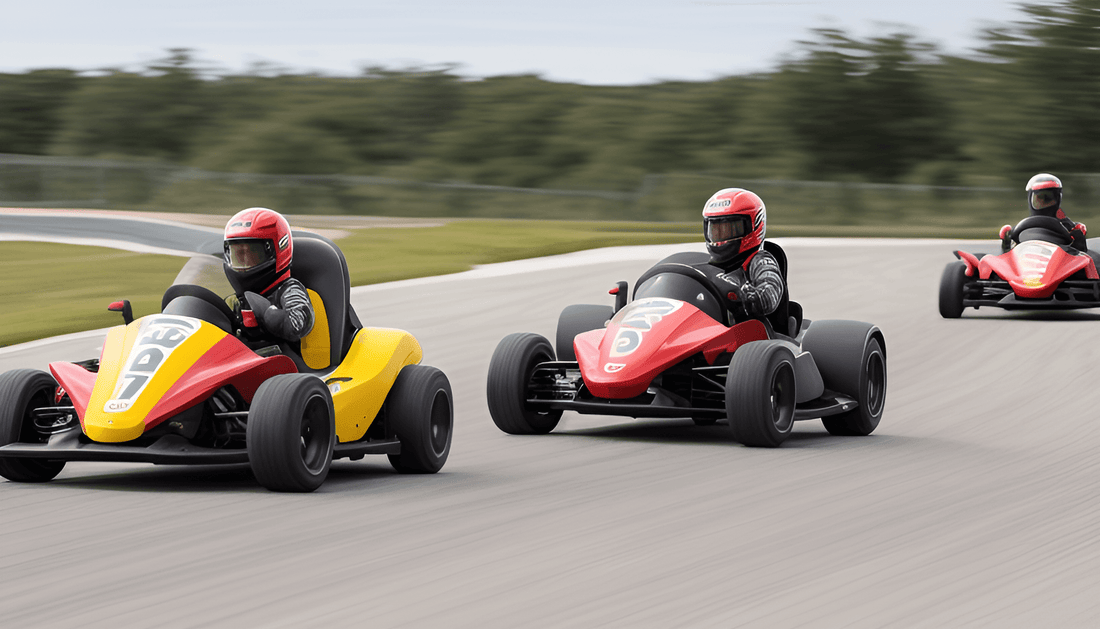 Kids racing sporty go-karts on an outdoor track, wearing helmets for safety