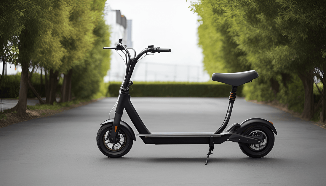 Electric scooter with seat parked on tree-lined street, modern urban outdoor setting