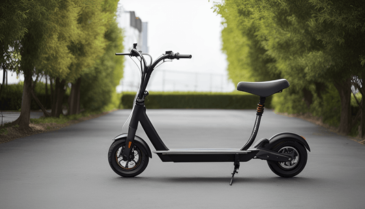 Electric scooter with seat parked on tree-lined street, modern urban outdoor setting