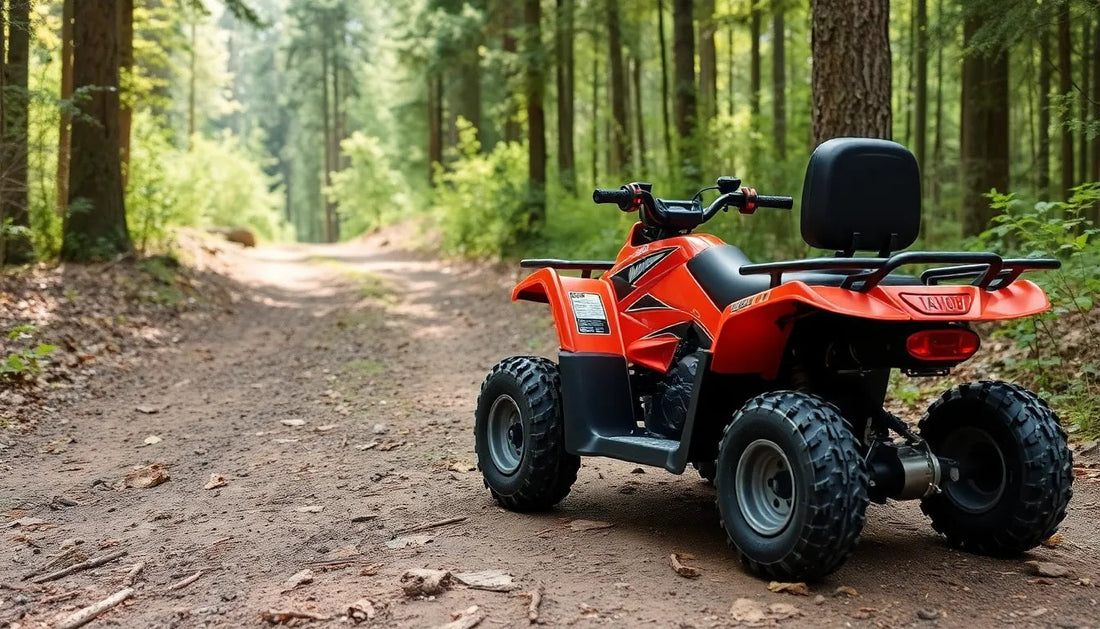 Red ATV with off-road tires on a forest trail, all-terrain vehicle for outdoor adventure