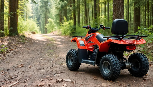 Red ATV with off-road tires on a forest trail, all-terrain vehicle for outdoor adventure