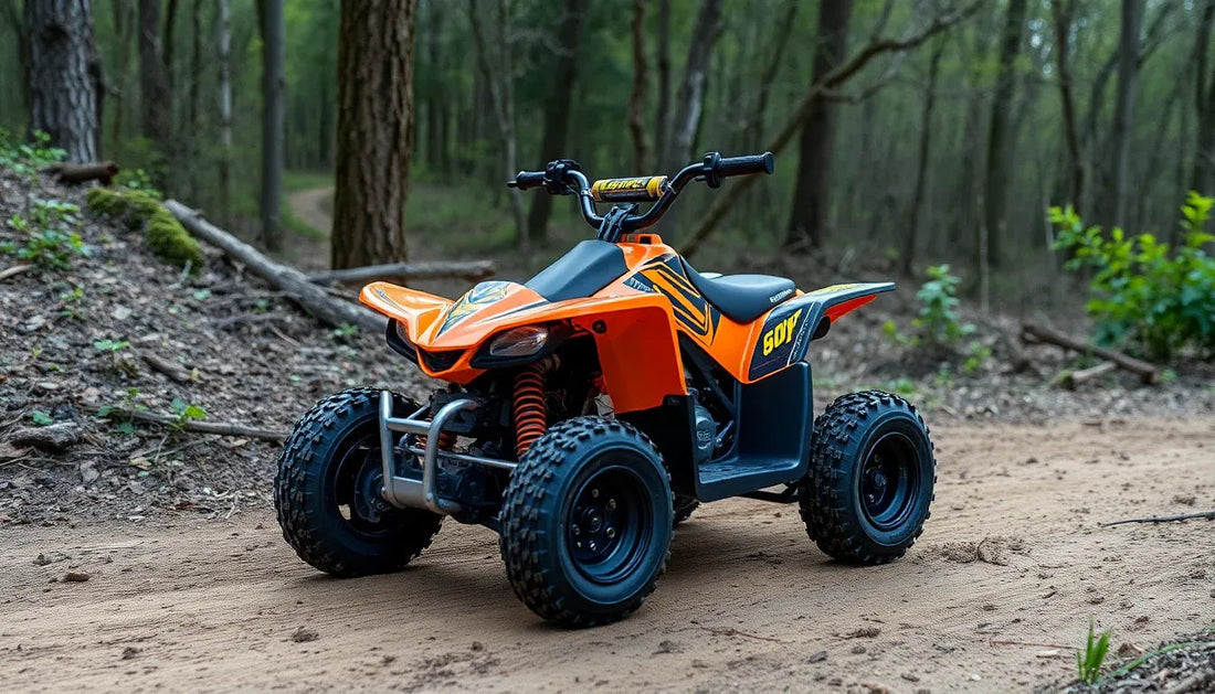 Orange youth ATV parked on a dirt trail in a wooded forest, all-terrain tires visible
