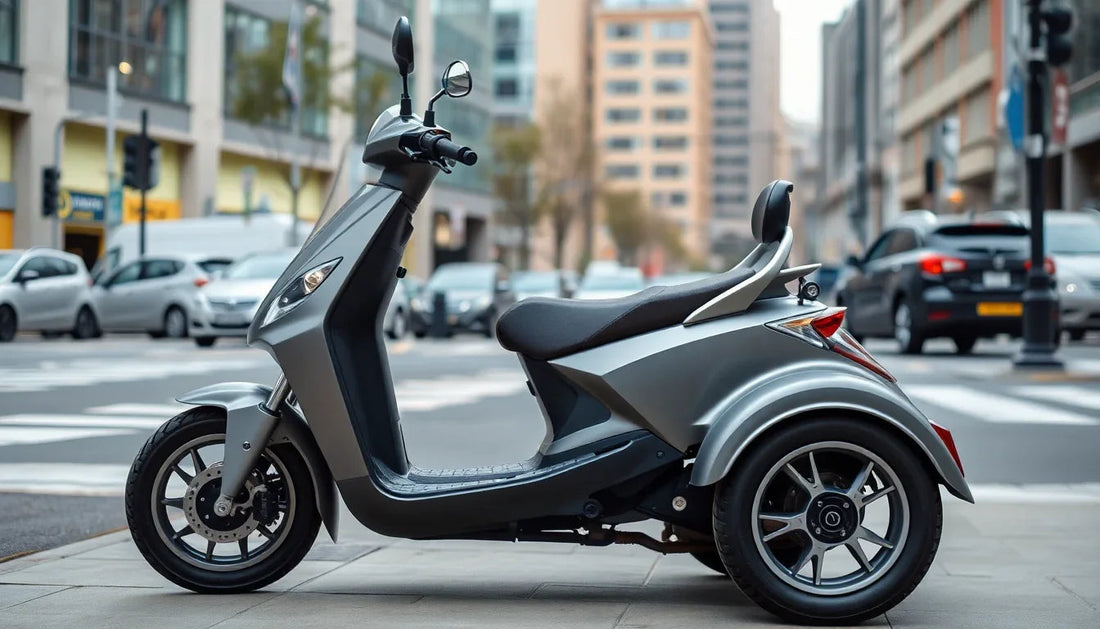 Three-wheel electric scooter parked on city street, urban transportation vehicle