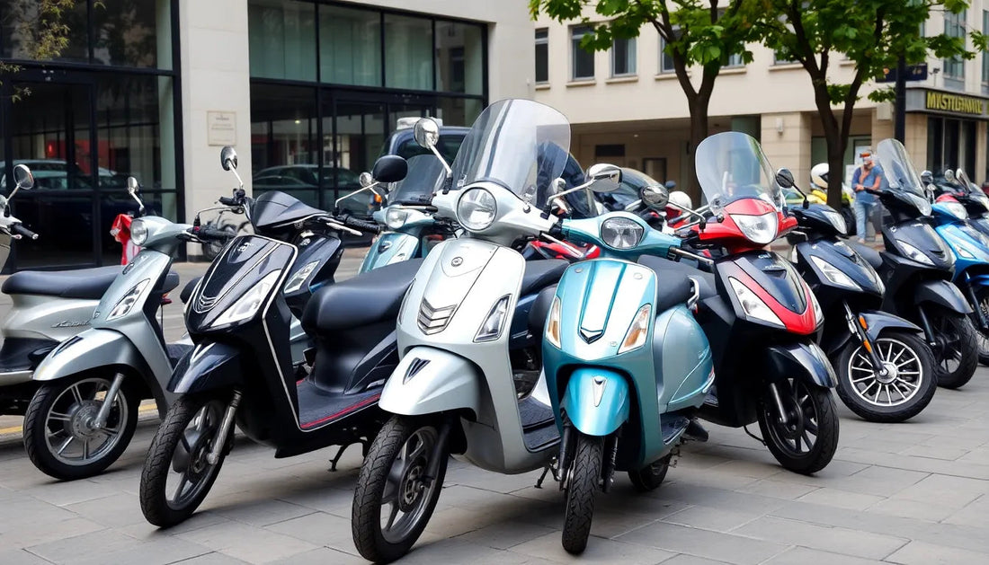 Row of new scooters parked outdoors on city street, various colors and windshield styles