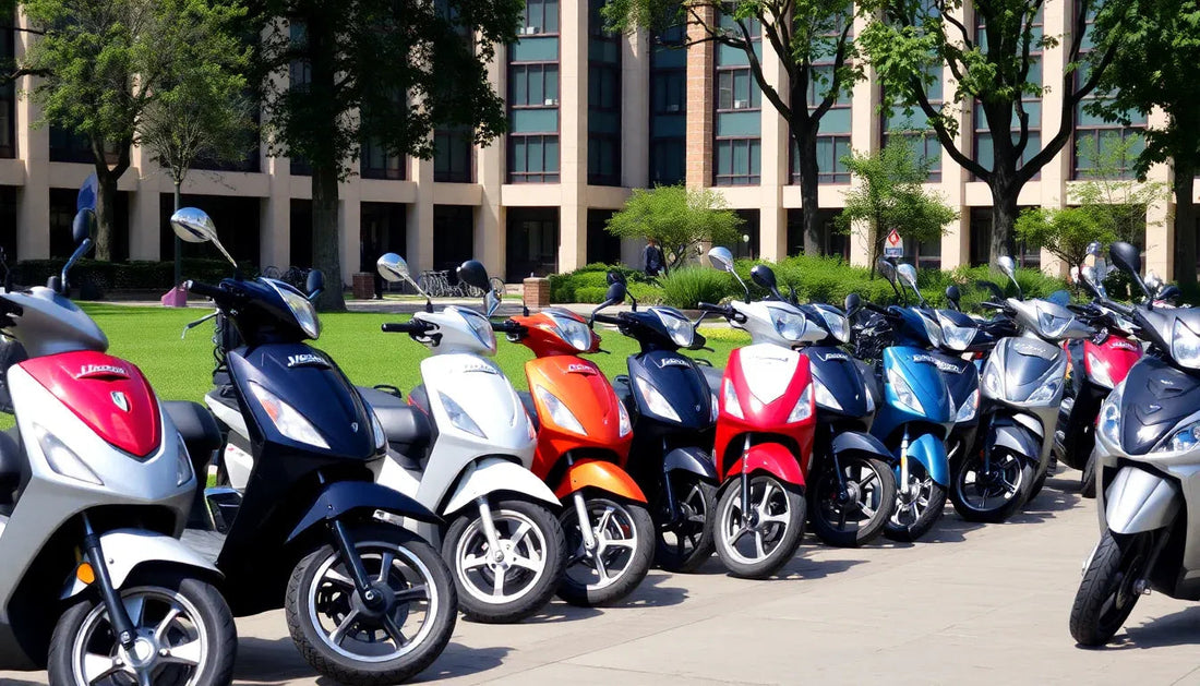 Row of colorful scooters parked outdoors in front of a modern building on sunny day