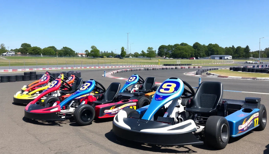Colorful go-karts lined up on an outdoor race track under clear blue sky