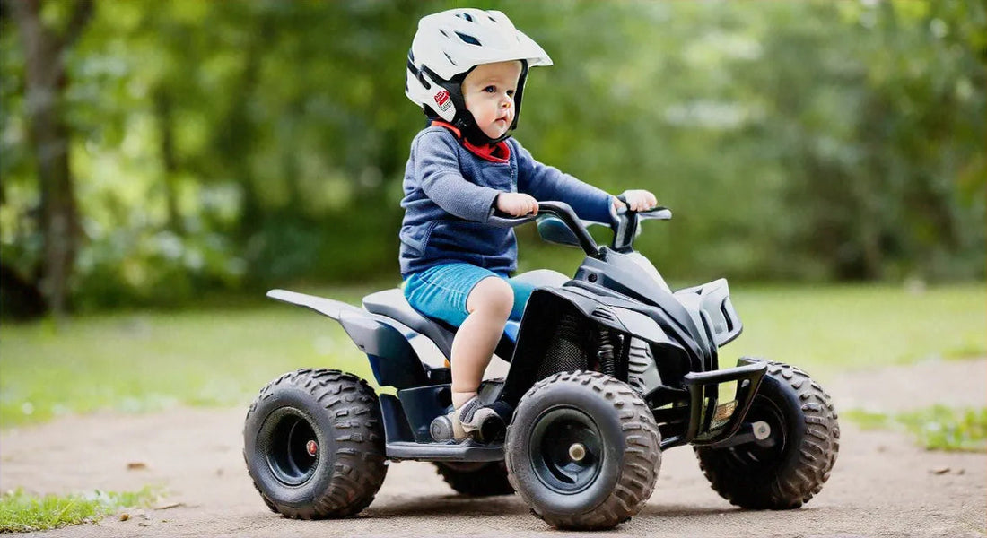 Child wearing helmet riding kids ATV outdoors on dirt path