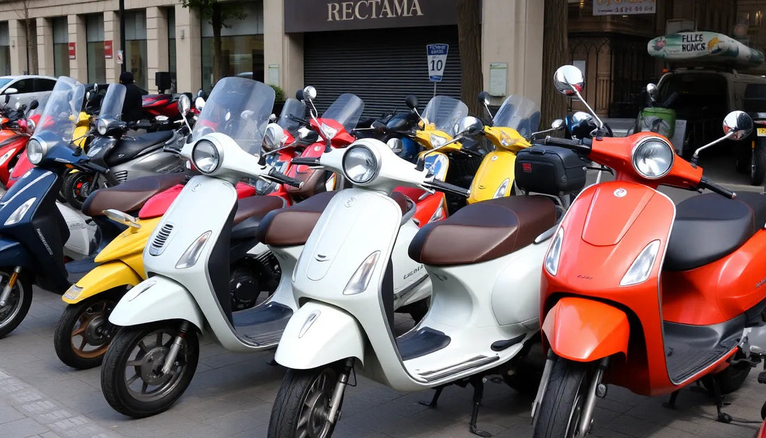 Row of colorful scooters parked outdoors on city sidewalk, urban transportation