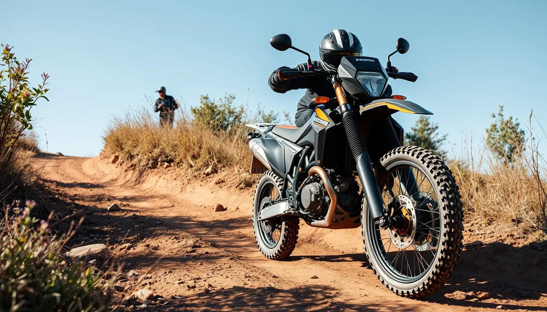 Rider on a dirt bike navigating a rugged off-road trail under clear sky