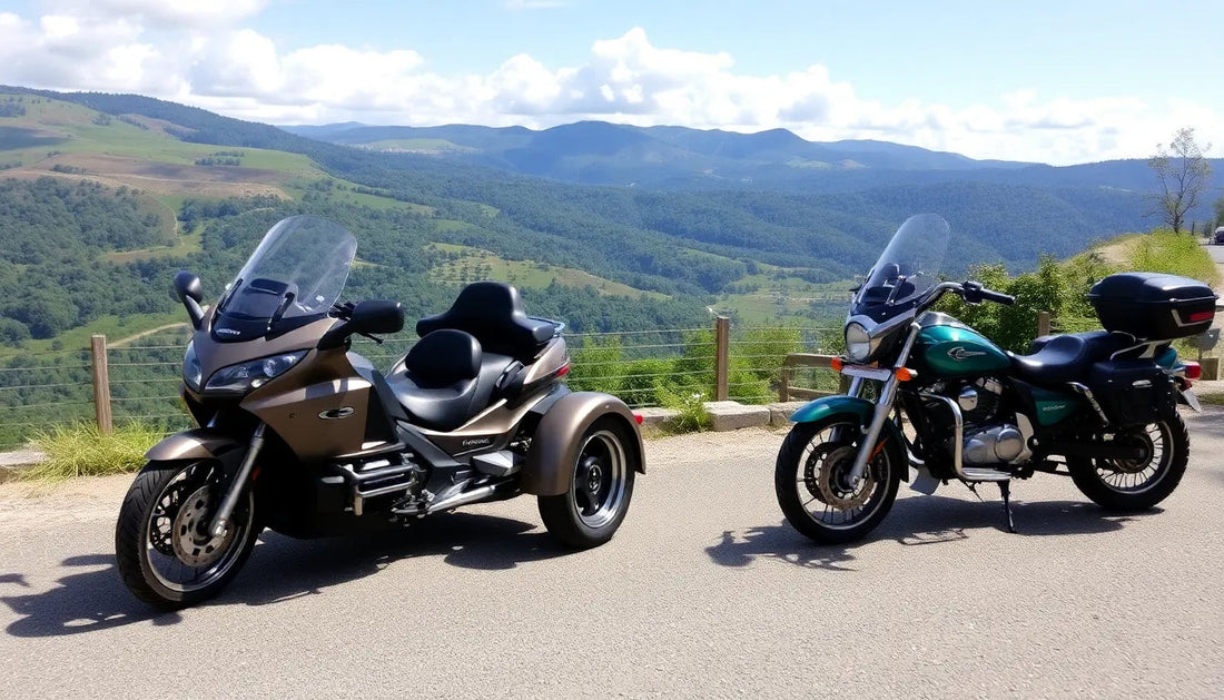 Three-wheel ATV and touring motorcycle with windshields parked on mountain overlook road