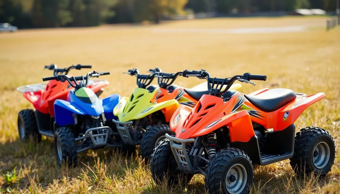Colorful youth ATVs parked on a grassy field under sunlight, outdoor off-road vehicles.