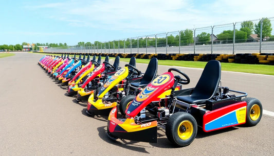 Row of colorful racing go-karts lined up on an outdoor track under blue sky