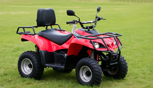 Red ATV with black seat and backrest parked on grassy field, off-road vehicle