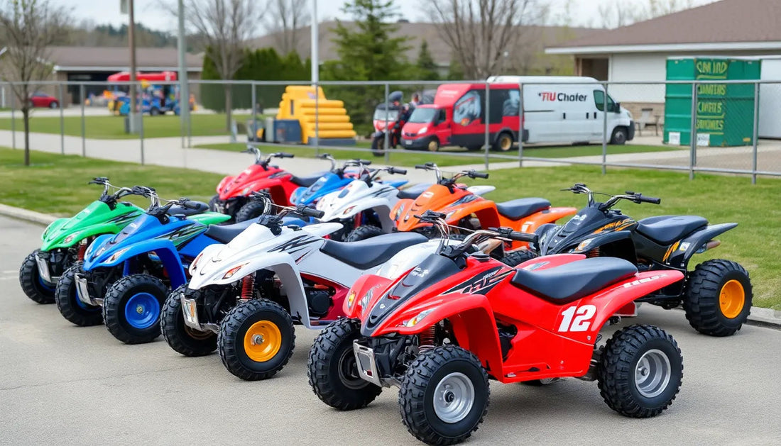 Colorful youth ATVs lined up outdoors on pavement, ideal for beginner to adult riders.