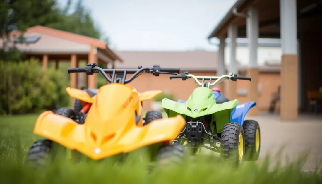 Orange and green youth ATVs parked on grass near suburban house