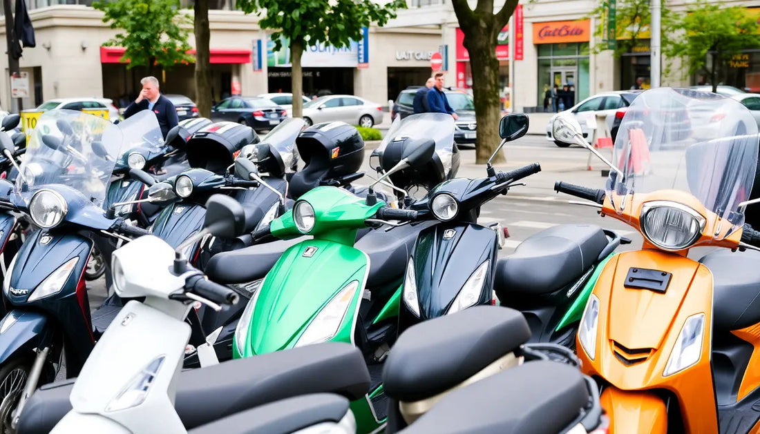 Row of colorful scooters parked on city street, with windshields and helmets visible