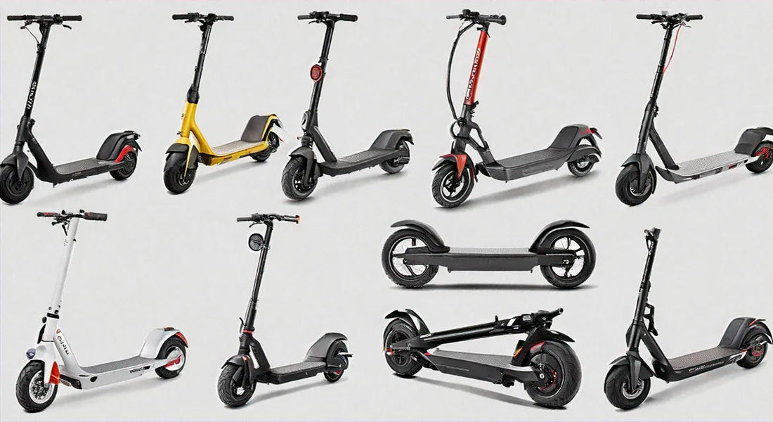 Collection of ten electric scooters in various colors including black, yellow, white, and red, displayed on a light background