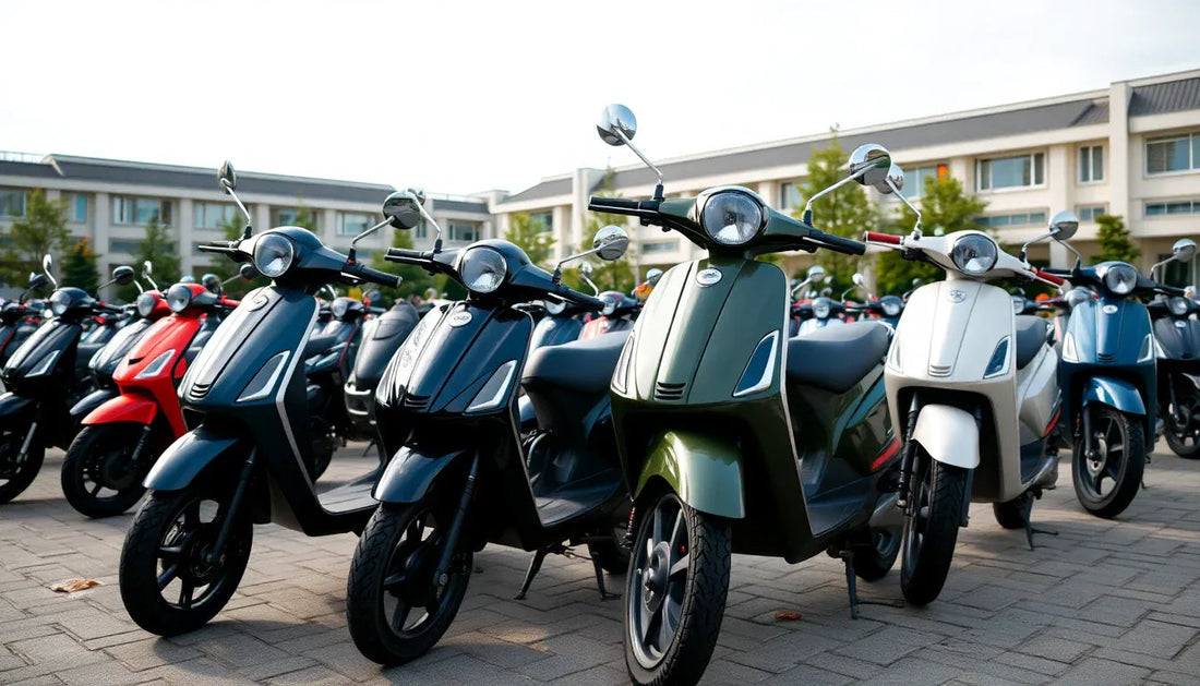 Rows of colorful scooters parked outdoors in an urban setting with buildings in the background