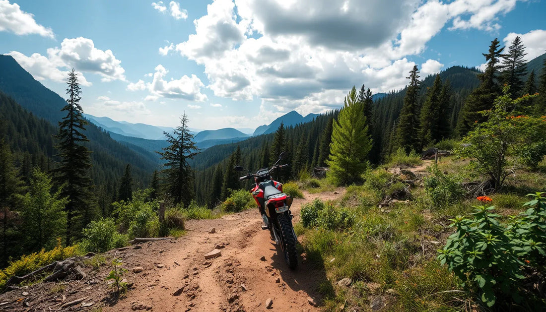 Dirt bike parked on a rugged mountain trail surrounded by pine trees and scenic landscape.