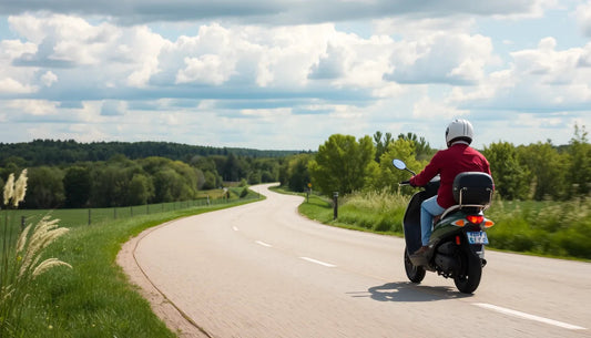 Person riding a scooter on a scenic rural road with green trees and blue sky
