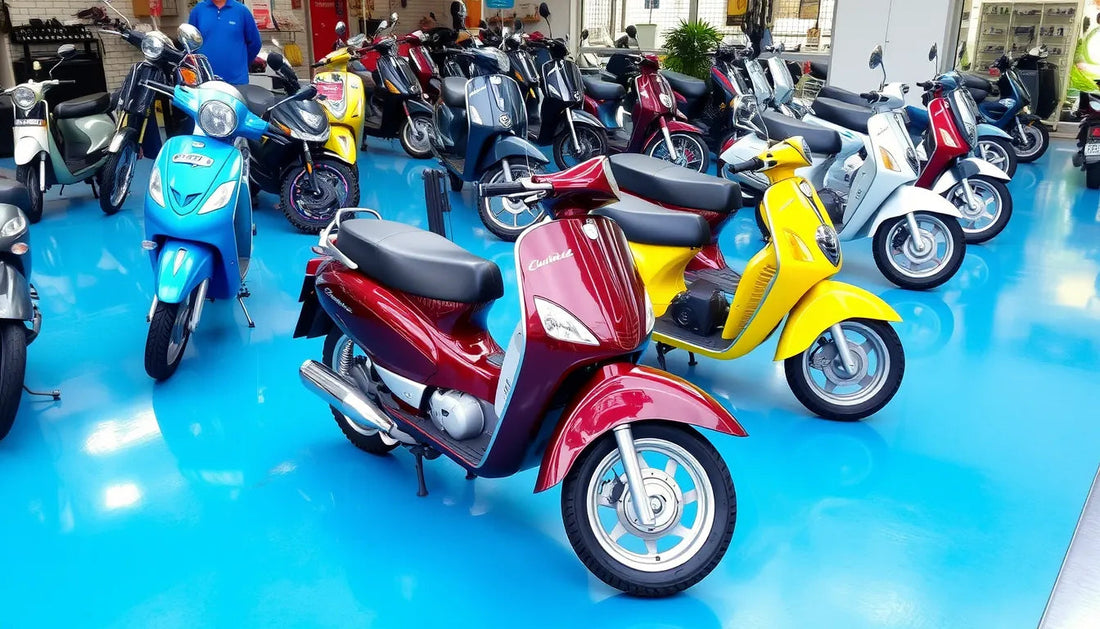 Colorful scooters and mopeds displayed in a showroom with shiny blue flooring
