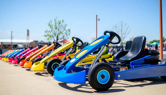 Row of colorful go-karts for kids and adults lined up outdoors on pavement.