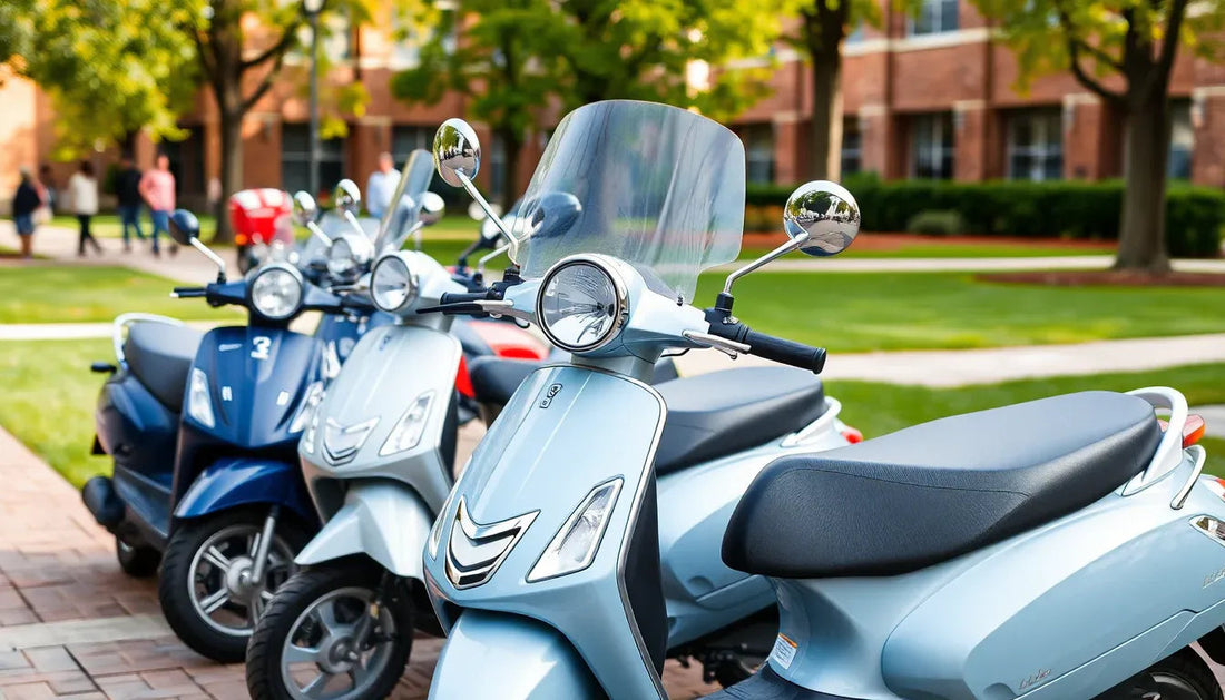 Row of modern motor scooters parked outdoors on a sunny day, with a campus background