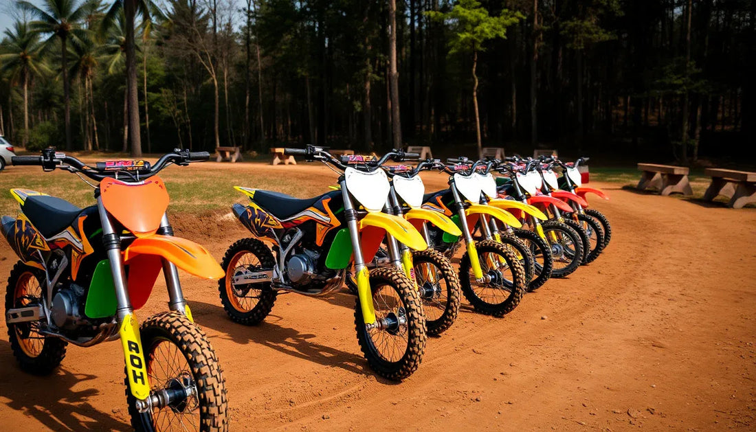 Row of colorful dirt bikes parked on a dirt track surrounded by trees and benches