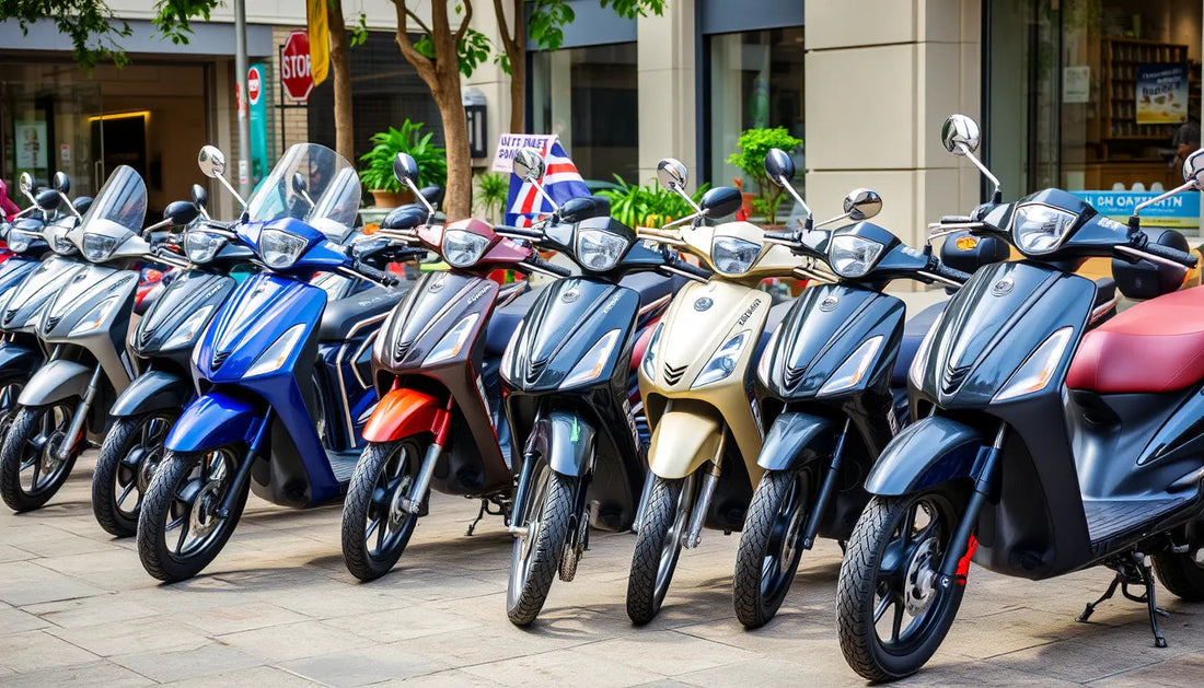 Row of colorful scooters parked outside urban shop, modern electric scooters for sale