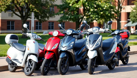 Row of colorful motor scooters parked outdoors on sunny day, urban campus background