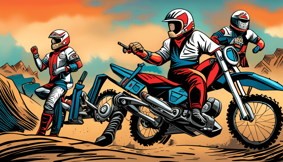 Illustration of three riders in helmets on gas-powered dirt bikes racing on sandy terrain