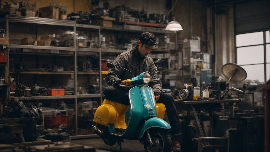 Person cleaning a scooter carburetor in a motorcycle repair workshop