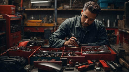 Powersports technician organizing hand tools in a workshop with toolboxes and equipment