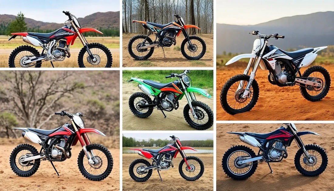 Collage of off-road dirt bikes in various colors on outdoor trails and dirt tracks