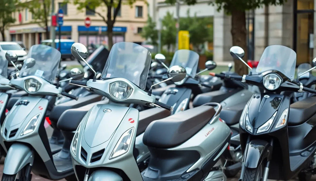 Row of modern scooters parked outdoors, featuring windshields and sleek designs