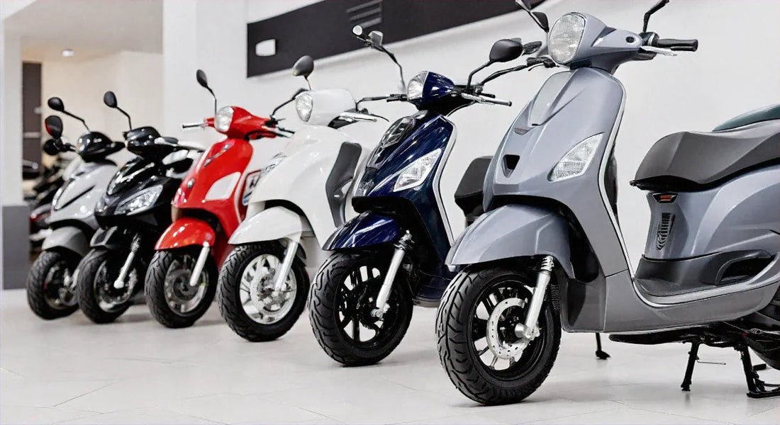 Row of colorful motor scooters for sale in showroom, affordable scooters for adults
