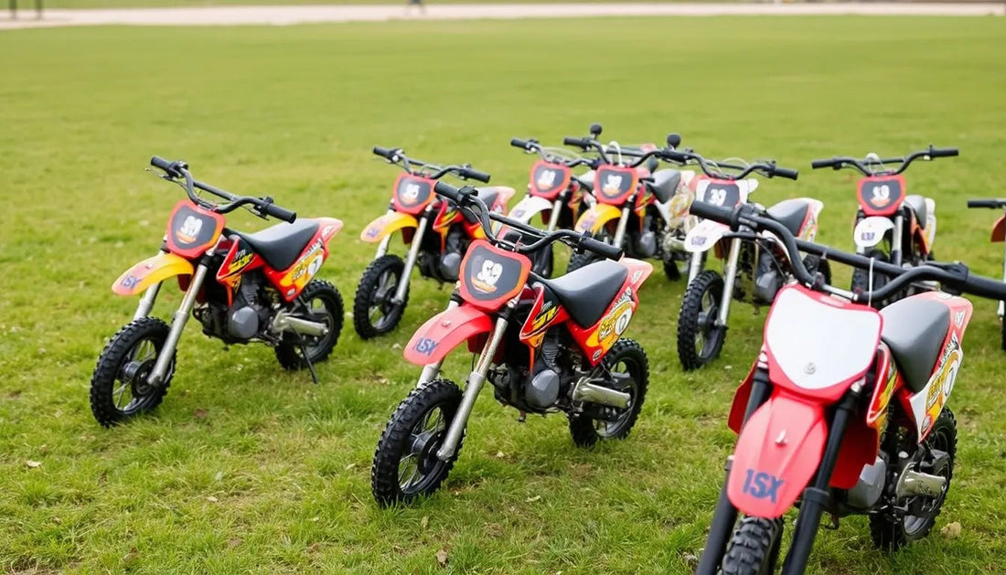 Multiple red youth dirt bikes with number plates parked on a grassy field.