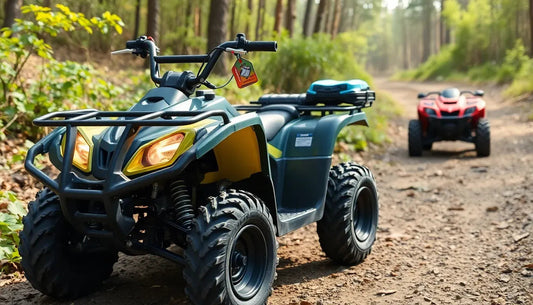 Two all-terrain vehicles on a dirt trail in a forest, one green ATV in focus, one red in background